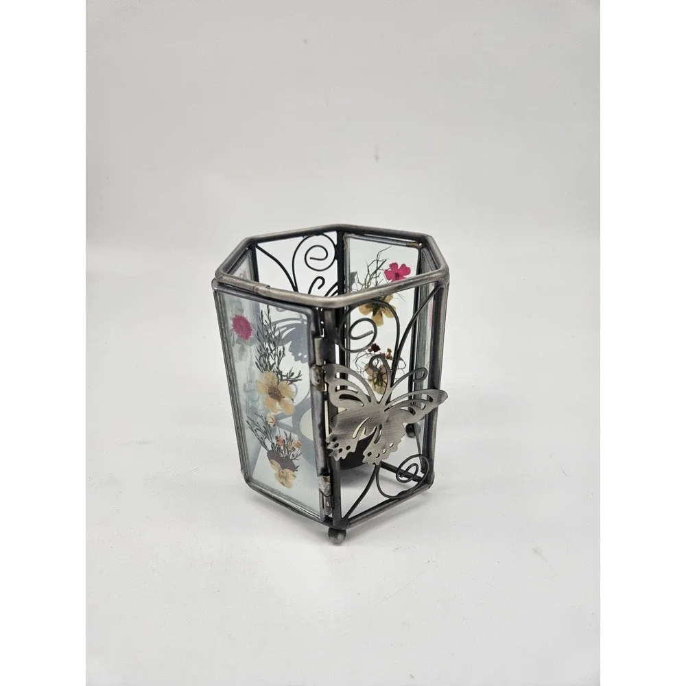 Vintage Dried Pressed Flower Glass Candle Tea Light Votive Holder Square Silver